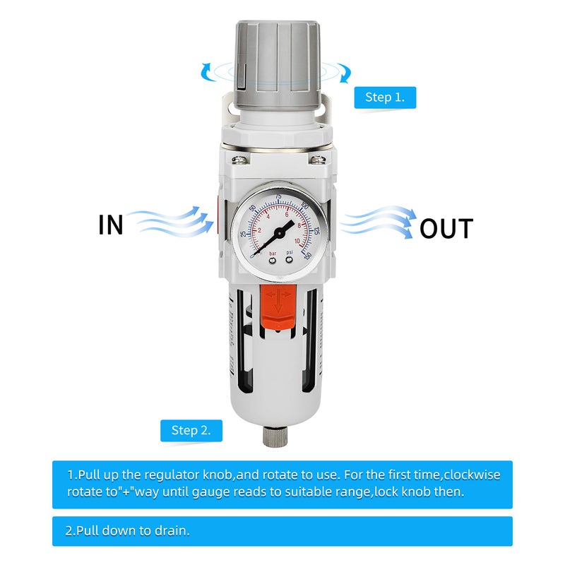 NANPU 1/2" NPT Compressed Air Filter Regulator Combo Piggyback, 5 Micron Brass Element, Poly Bowl, Semi-Auto Drain, Metal Bracket, 0-150 psi Gauge - Image 4